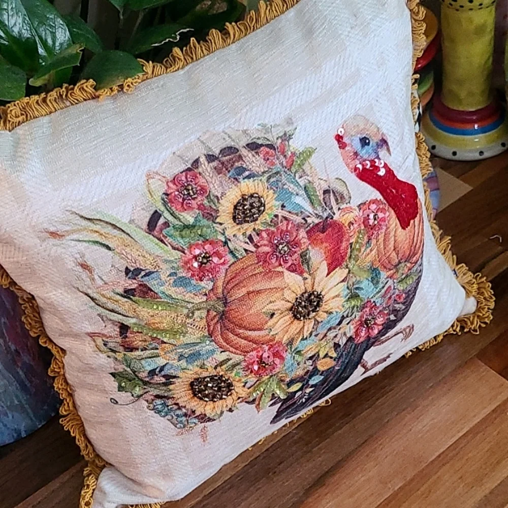 Embellished Thanksgiving Pillow 1' Square Dia. Accent Pillow